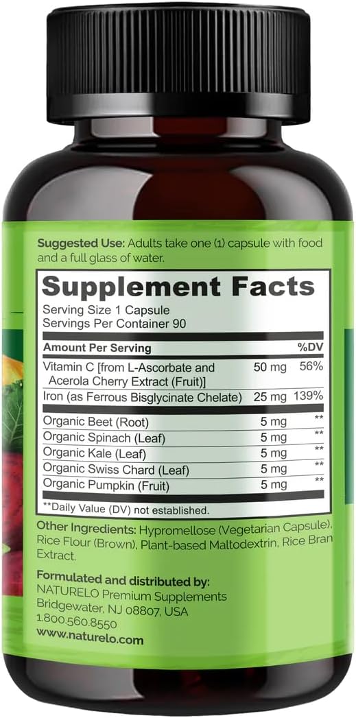 NATURELO Vegan Iron 25mg with Vitamin C & Whole Foods – Gentle, Non-Constipating Iron for Women, Men & Pregnancy – 90 Mini Capsules