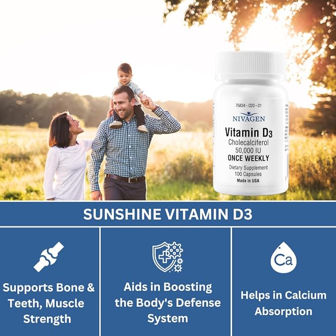 Vitamin D3 50,000 IU – High Potency, Once Weekly Bone, Immune & Teeth Support – 100 Capsules – Made in USA