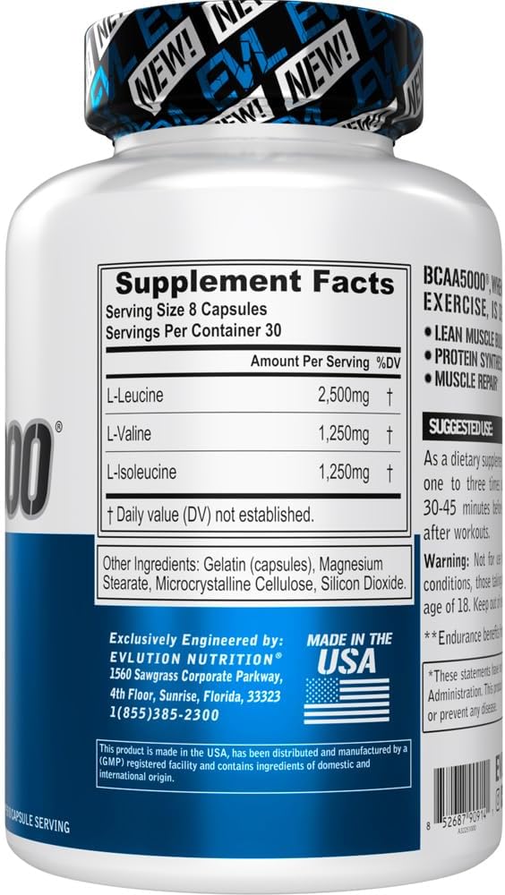EVL BCAAs Amino Acids Supplement for Men – 2:1:1 Ratio, 5g BCAA Capsules, 30 Servings, Post-Workout Recovery & Lean Muscle Builder