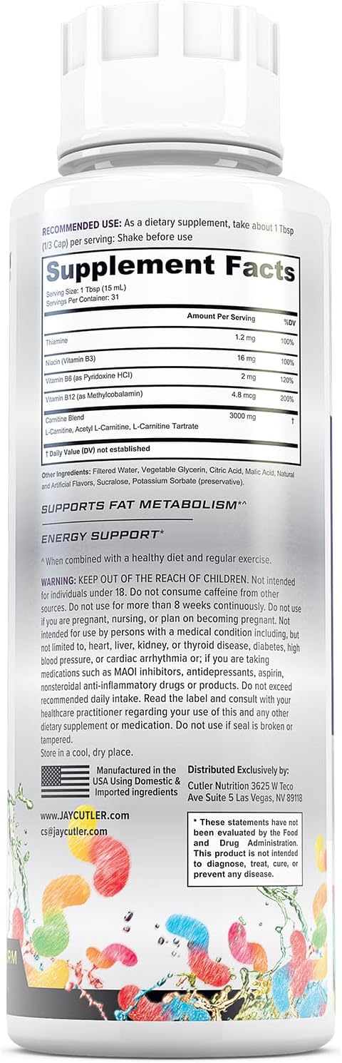 Cutler Nutrition Liquid L-Carnitine – Triple Power Blend (Acetyl L-Carnitine, L-Carnitine Tartrate) – Pre-Workout Energy, Endurance & Fat Metabolism – Sour Gummy Worm Flavor – Sugar-Free, Non-GMO – 16 fl oz