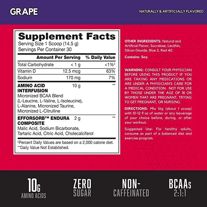 BSN Amino X Muscle Recovery & Endurance Powder – BCAAs, 10g Amino Acids, Keto Friendly, Caffeine Free, Grape Flavor, 30 Servings