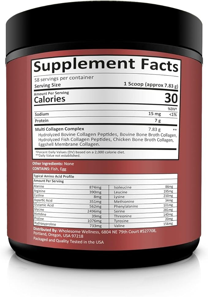 Multi Collagen Protein Powder Hydrolyzed (Type I II III V X) Grass-Fed All-in-One Super Bone Broth + Collagen Peptides - Premium Blend of Beef, Chicken, Wild Fish, Eggshell, 58 Servings, Unflavoured