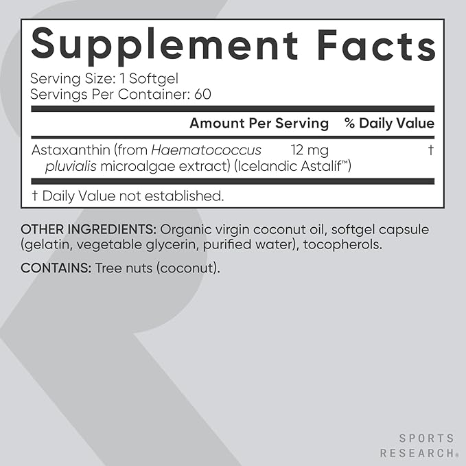 Sports Research Astaxanthin 12mg – Triple Strength Antioxidant with Organic Coconut Oil – Skin, Eye, Joint & Immune Support – Non-GMO, Gluten-Free – 60 Softgels
