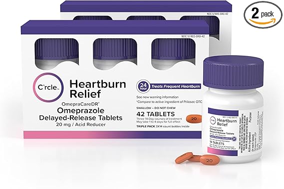 C’rcle Omeprazole 20mg Tablets (84 Count | 6 x 14-Day Courses) – Delayed-Release Acid Reducer for Frequent Heartburn & Acid Reflux – Daily Use Antacid for Long-Lasting Relief