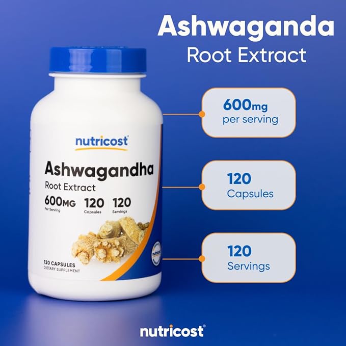 Nutricost Ashwagandha 600mg – Pure Root Extract for Stress & Mood Support – Non-GMO, Gluten-Free – 120 Vegetarian Capsules