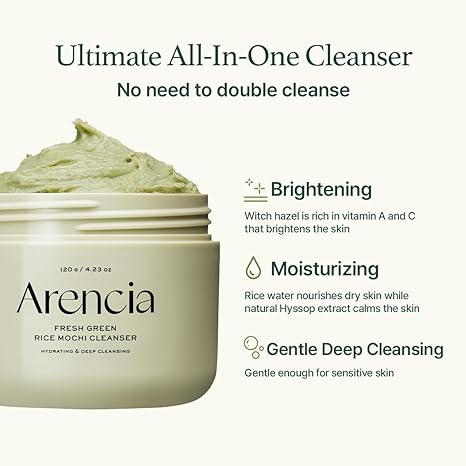 Arencia Green Rice Mochi Face Cleanser – 3-in-1 Rice Water, Green Tea & Mugwort Cleanser, Mask & Gentle Scrub for Pore Minimizing & Blackhead Removal, Vegan K-Beauty