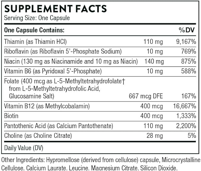 THORNE Basic B-Complex – Tissue-Ready, Energy, Brain & Red Blood Cell Support – With Choline – 60 Capsules