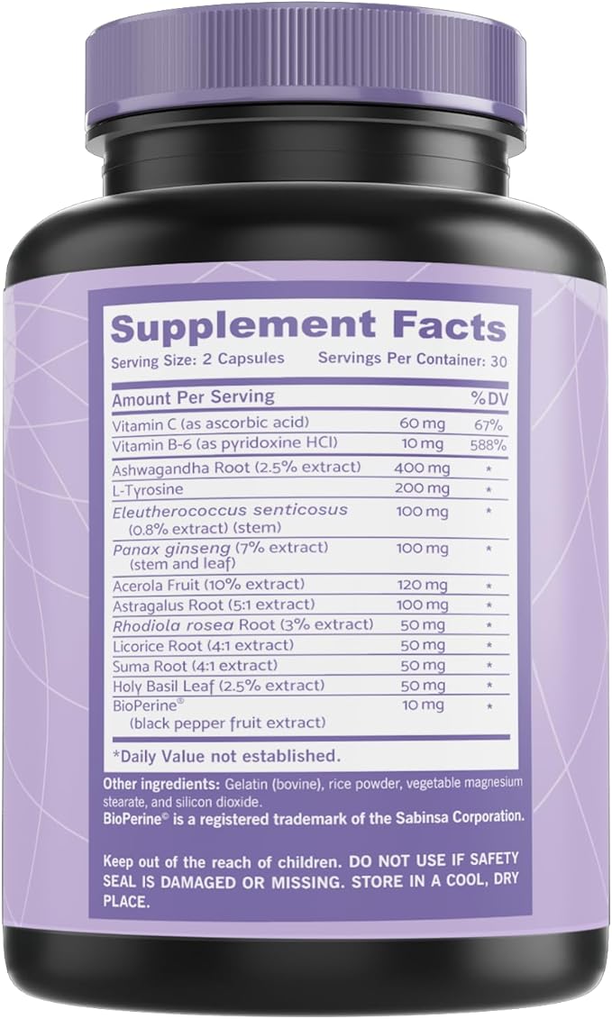 Adrenal Support & Cortisol Manager – High-Potency Adaptogen Complex with Ashwagandha, Rhodiola & Ginseng – Energy, Stress & Sleep Support – Non-GMO – 60 Capsules