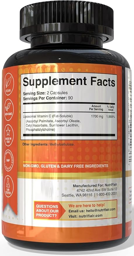 Nutriflair Liposomal Vitamin C 1700mg – Enhanced Absorption, Immune & Antioxidant Support – 180 Capsules