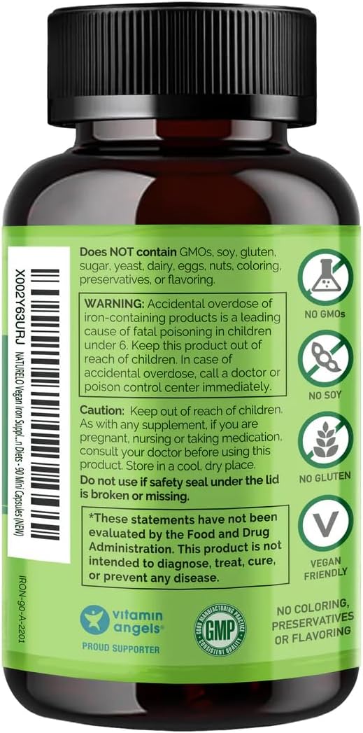 NATURELO Vegan Iron 25mg with Vitamin C & Whole Foods – Gentle, Non-Constipating Iron for Women, Men & Pregnancy – 90 Mini Capsules