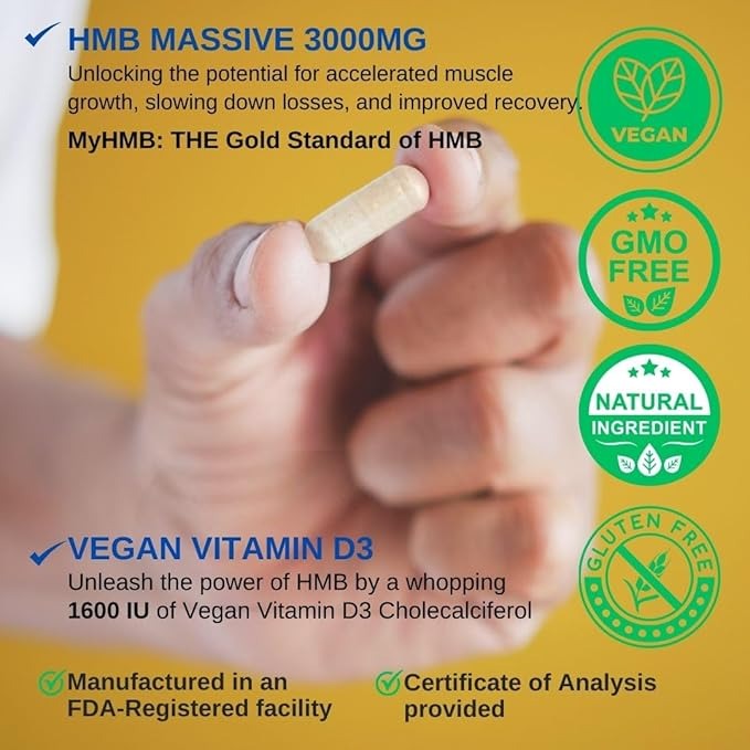 VINATURA HMB 3000mg & Vitamin D3 (1600 IU) Supplement – 120 Capsules, 30 Servings, USA Made & Tested