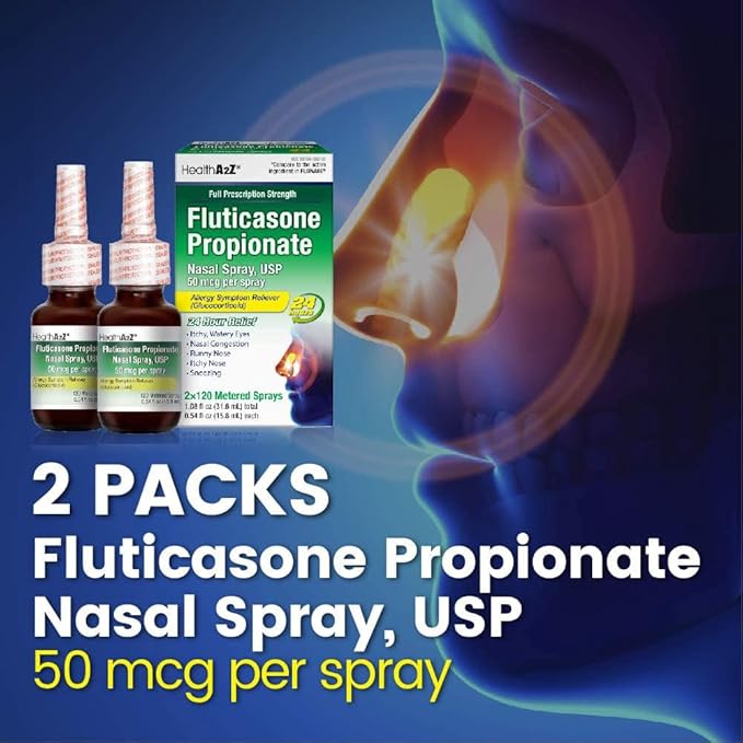 HealthA2Z Fluticasone Propionate Nasal Spray – 2 Pack, 24-Hour Non-Drowsy Allergy Relief for Sneezing, Congestion, Runny Nose, Itchy & Watery Eyes