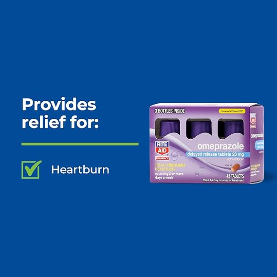 Rite Aid Omeprazole 20mg, 42 Tablets – Acid Reducer for Frequent Heartburn – Compare to Prilosec OTC