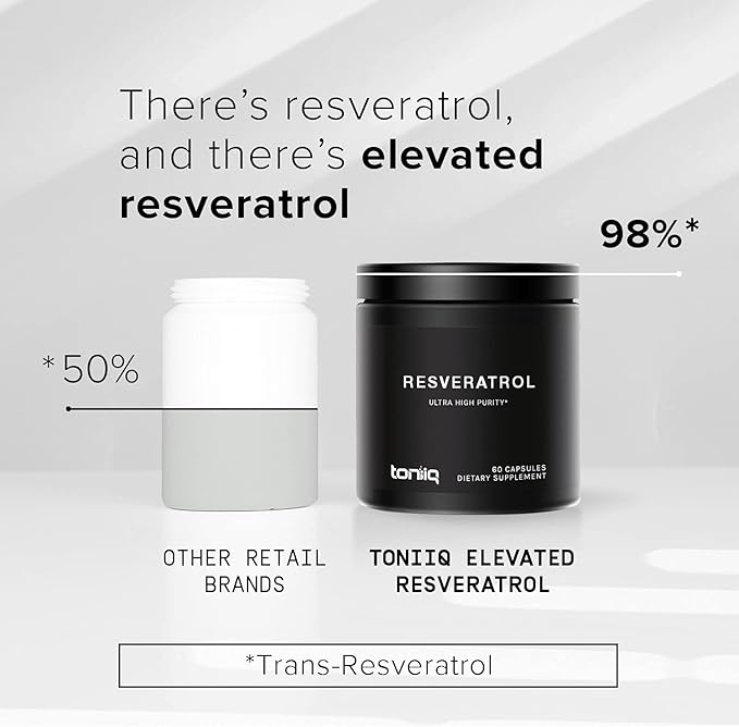 Toniiq Resveratrol 600mg – 98% Trans-Resveratrol, Ultra High Purity & Bioavailable Antioxidant – Heart, Cellular & Anti-Aging Support – Vegan, Non-GMO – 60 Capsules