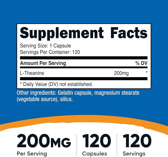 Nutricost L-Theanine 200mg – Double Strength Stress & Focus Support – Non-GMO, Gluten-Free – 120 Capsules