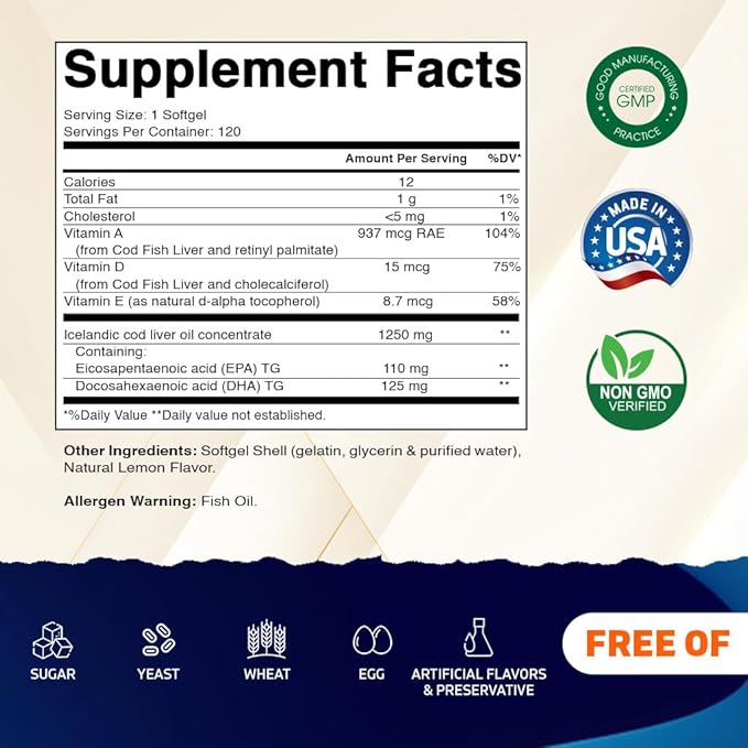 Vitamatic Icelandic Cod Liver Oil 1250mg – Lemon Flavor – Omega-3 EPA & DHA for Heart, Brain, Joint & Immune Support – Non-GMO, Gluten-Free – 120 Softgels