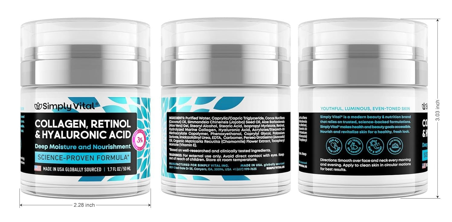 SimplyVital Collagen, Retinol & Hyaluronic Acid Cream – Anti-Aging, Firming Face, Neck & Décolleté Moisturizer – Day & Night – 1.7 fl oz