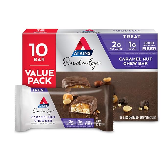Atkins Endulge Caramel Nut Chew Bar – Low Sugar, High Fiber, Keto Snack Bar, Gluten Free, 10 Count