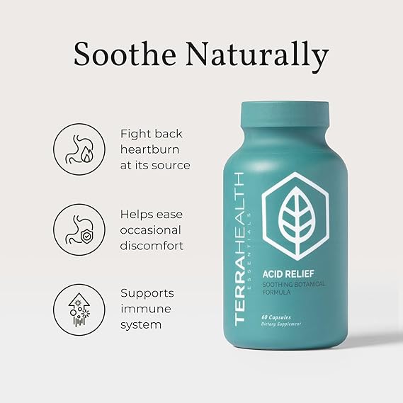 Terra Health Acid Relief – Natural Heartburn & Reflux Support – 60 Capsules with Slippery Elm, Aloe & Chamomile