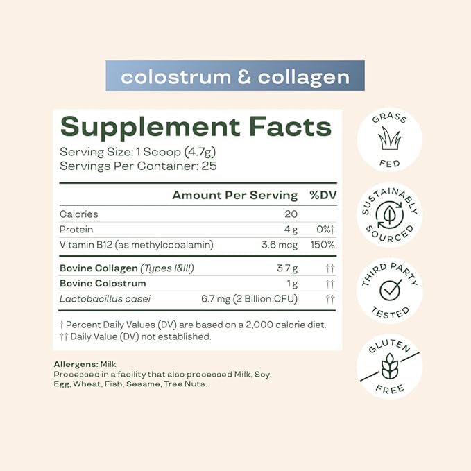 Bloom Nutrition Bovine Colostrum Powder with Vitamin B12 & Probiotics – Gut, Immune, Hair & Skin Support – Grass-Fed Collagen – Unflavored, Non-GMO, Gluten-Free – 25 Servings