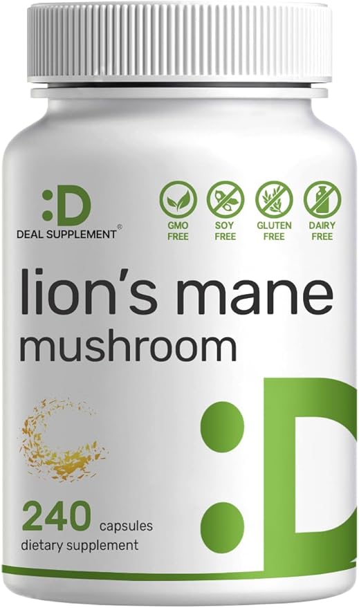 Lion’s Mane Mushroom 7,500mg – 10:1 Fruiting Body & Mycelium Brain & Immune Support – 240 Capsules – Non-GMO