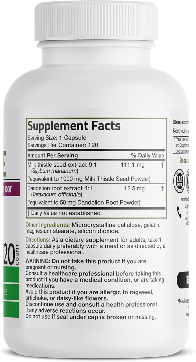 Bronson Milk Thistle Silymarin Marianum with Dandelion Root – Liver Health & Antioxidant Support – Non-GMO, Gluten-Free – 120 Capsules