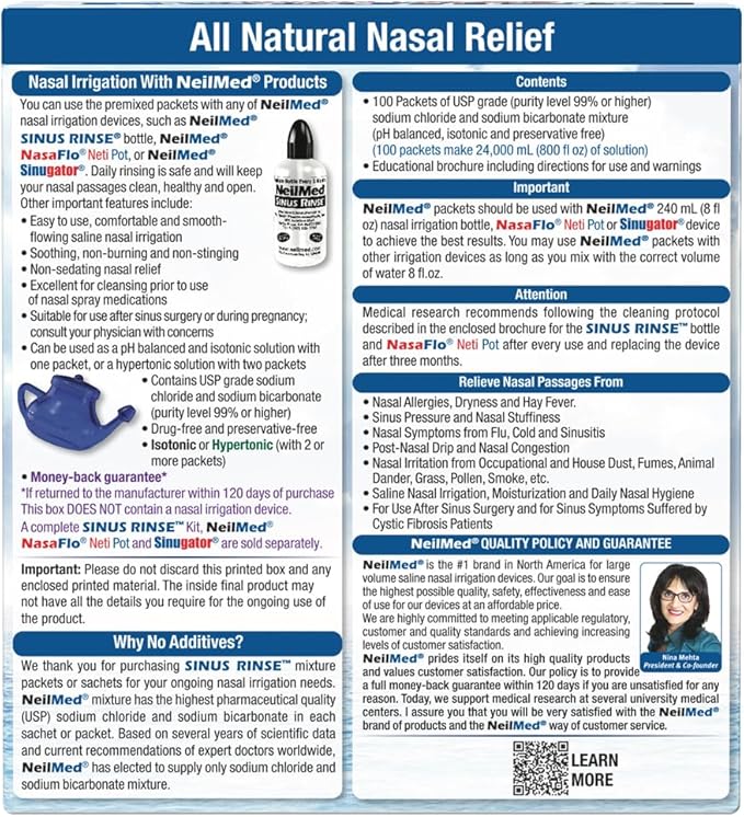 NeilMed Sinus Rinse Refill Packets – 100 Count Premixed Saline Packets for Nasal Allergy, Sinus Pressure, Congestion & Post Nasal Drip Relief