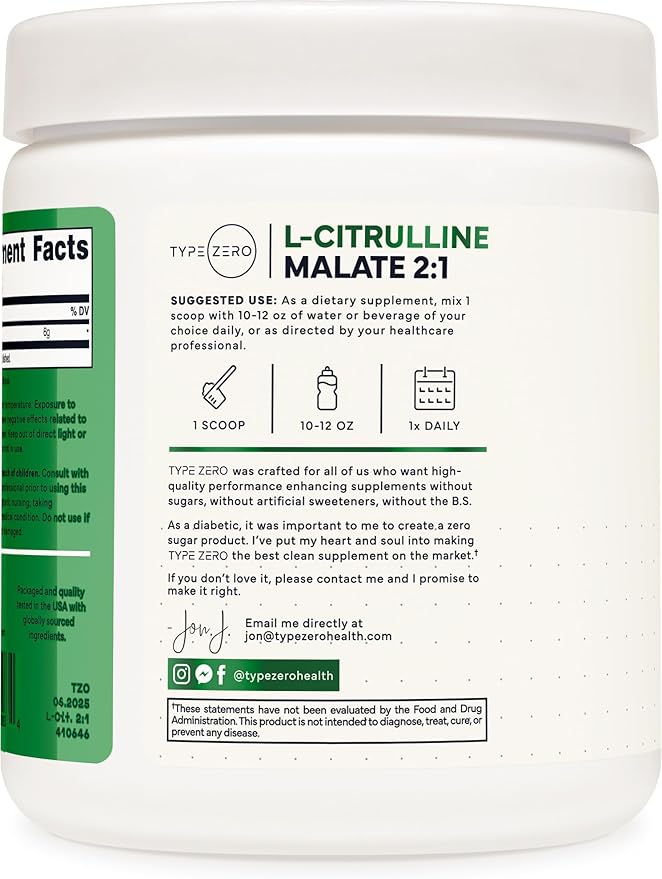 Type Zero L-Citrulline Malate Powder 2:1 6X – 300g, 6000mg Per Serving, Unflavored, Nitric Oxide Booster
