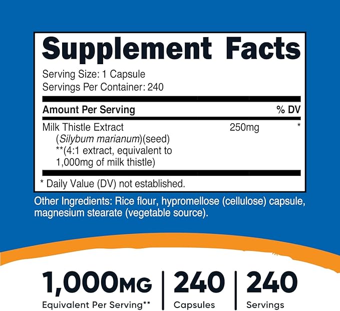 Nutricost Milk Thistle 1000mg Equivalent – High Potency 4:1 Extract – Liver Detox & Antioxidant Support – Vegan, Non-GMO, Gluten-Free – 240 Capsules