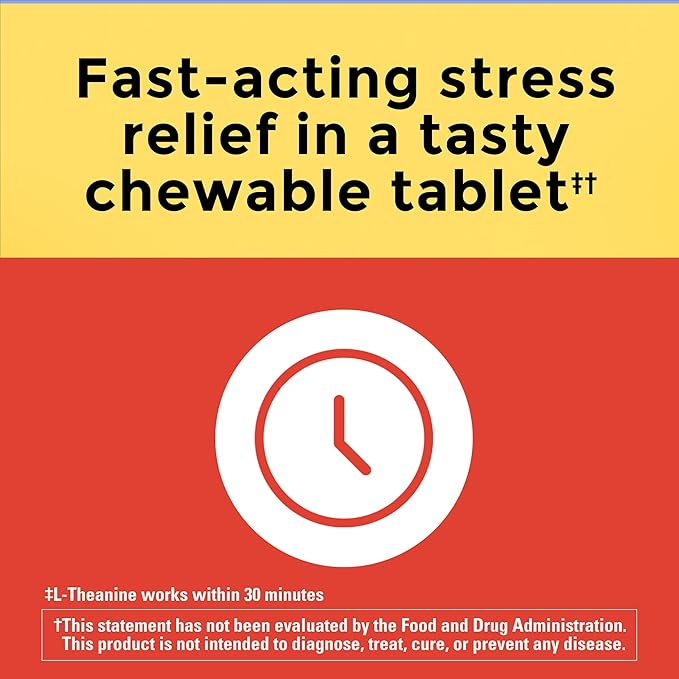 Nature Made L-Theanine 200mg Chewable Tablets – Fast-Acting Stress Relief – Tropical Fruit Flavor – Non-GMO, Gluten-Free – 50 Count