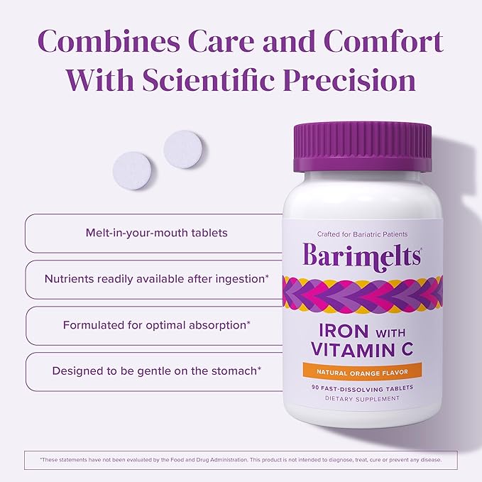 Barimelts Iron with Vitamin C – Fast-Dissolving, Sugar-Free Bariatric Iron for Women – Orange Flavor – 90 Tablets