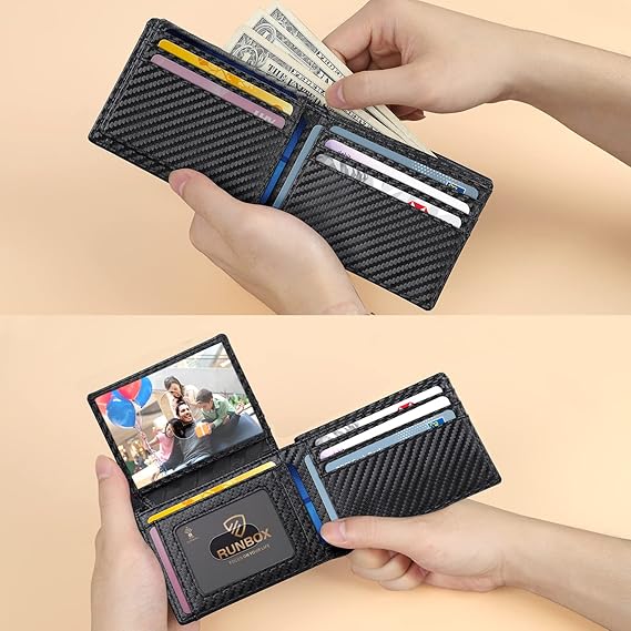 RUNBOX Slim RFID Leather Wallet for Men, 2 ID Windows, Minimalist Bifold, Gift Box, Travel Accessory