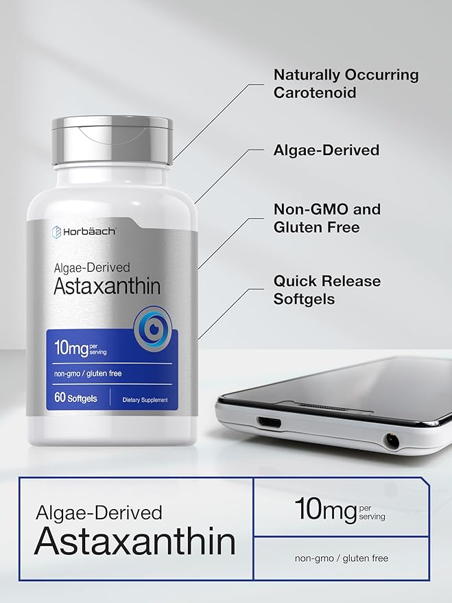 Horbaach Astaxanthin 10mg – Algae-Derived Antioxidant for Skin, Eyes, Joints & Immune Support – Non-GMO, Gluten-Free, Preservative-Free – 60 Softgels