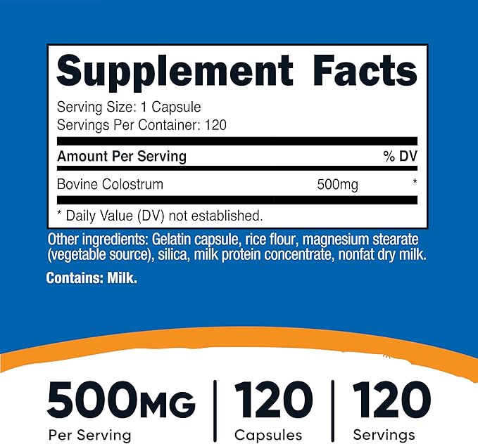 Nutricost Bovine Colostrum 500mg – Immune & Gut Health Support – Non-GMO, Gluten-Free, Third-Party Tested – 120 Capsules