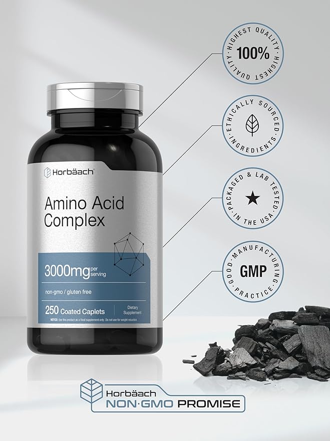 Horbäach Amino Acid Complex – 3000mg, 250 Caplets, Non-GMO, Gluten-Free Supplement