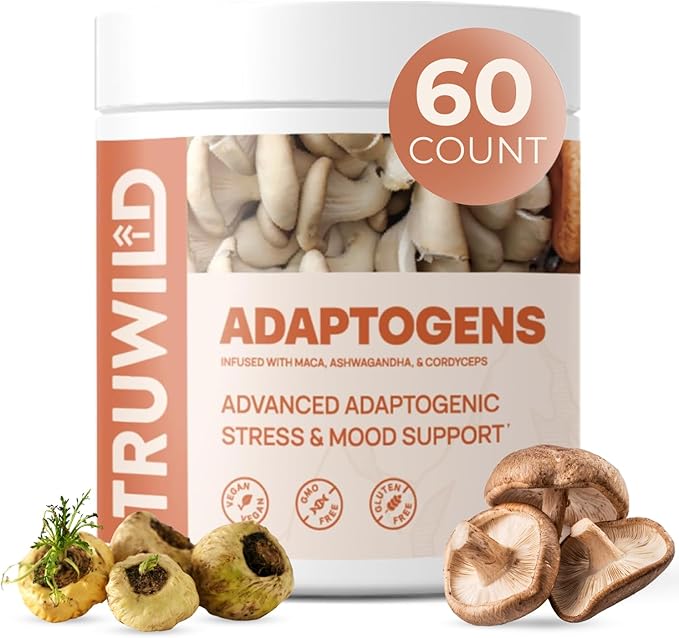 TruWild Adaptogen Blend – Cordyceps, Maca & Ashwagandha – Daily Energy, Immune & Stress Support – All-Natural, Vegan, Non-GMO – 60 Capsules