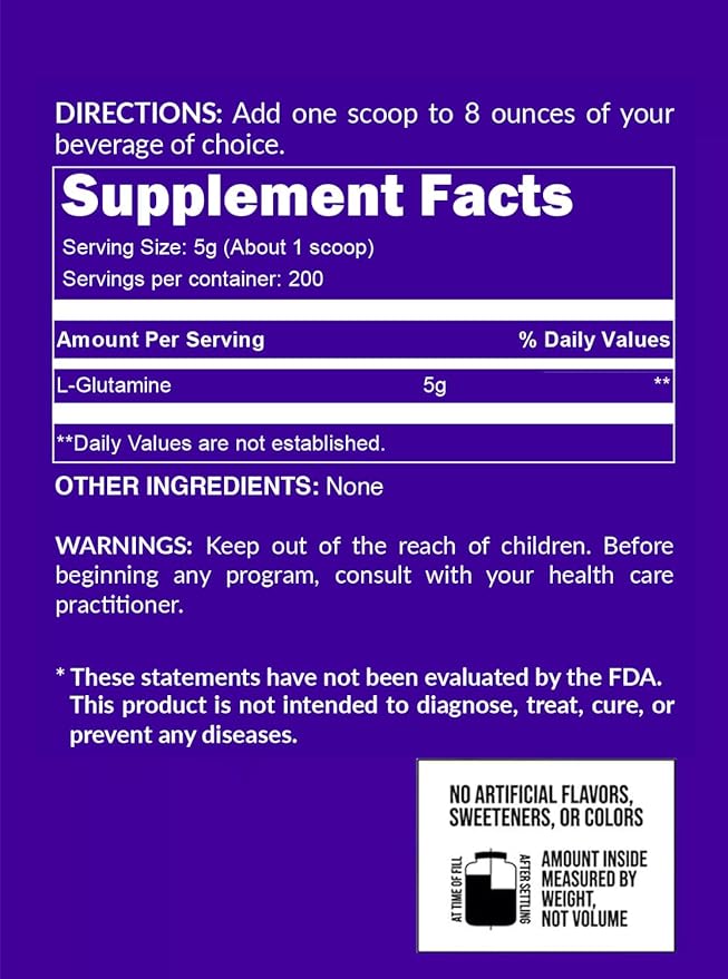 Pure L-Glutamine – Made in USA, 1,000g (2.2 lb) Bulk Powder, 200 Servings, Vegan, Non-GMO, Gluten & Soy Free