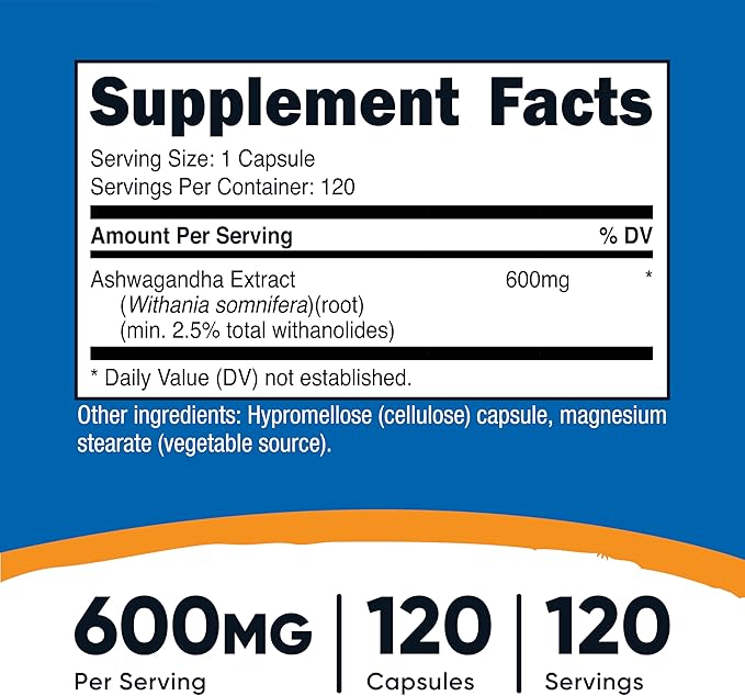 Nutricost Ashwagandha 600mg – Pure Root Extract for Stress & Mood Support – Non-GMO, Gluten-Free – 120 Vegetarian Capsules