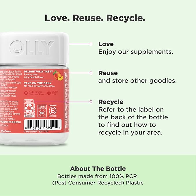 OLLY Probiotic + Prebiotic Gummies – Digestive & Gut Health – 500 Million CFUs + Fiber – Peach Flavor – 30 Gummies – Gluten-Free