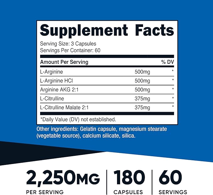 Nutricost Nitric Oxide Booster – 2250mg Muscle Pump, Endurance & Energy Support – 180 Capsules – Gluten-Free, Non-GMO