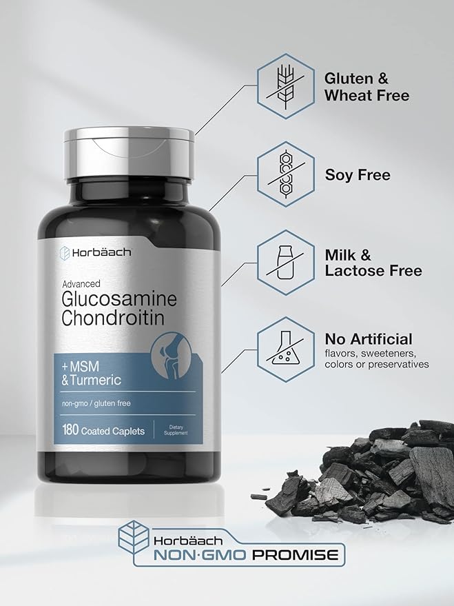 Horbäach Glucosamine Chondroitin with MSM, Turmeric, Collagen & Boswellia – Joint Support Supplement – Non-GMO, Gluten-Free – 180 Coated Caplets