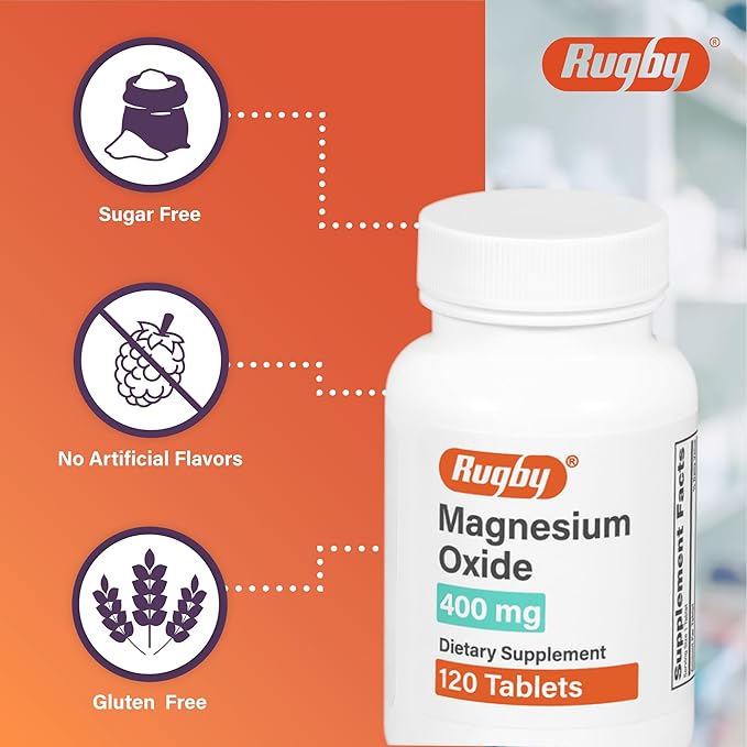 Rugby Magnesium Oxide 400mg Tablets Dietary Supplement for Muscle Nerve and Bone Support Gluten Free 120 Count