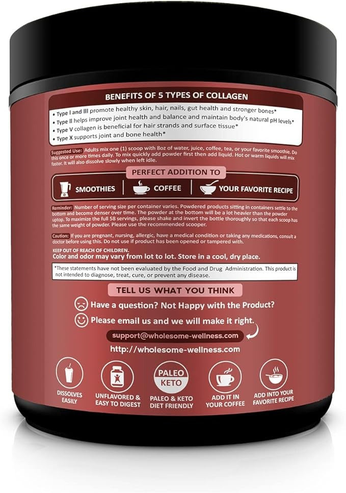 Multi Collagen Protein Powder Hydrolyzed (Type I II III V X) Grass-Fed All-in-One Super Bone Broth + Collagen Peptides - Premium Blend of Beef, Chicken, Wild Fish, Eggshell, 58 Servings, Unflavoured