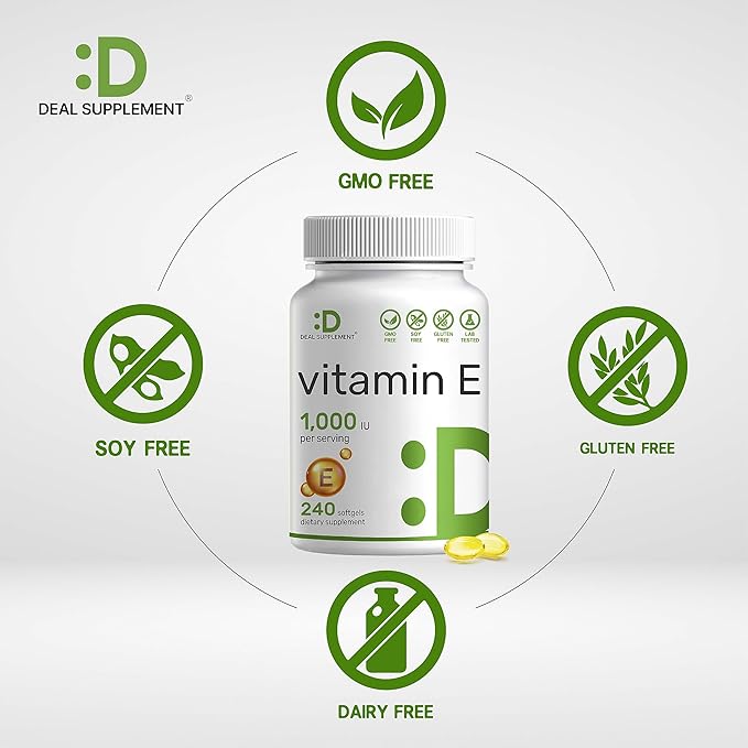 DEAL SUPPLEMENT Vitamin E 1,000 IU – Extra Strength Antioxidant, Skin, Heart, Brain & Immune Support – 240 Softgels – Non-GMO