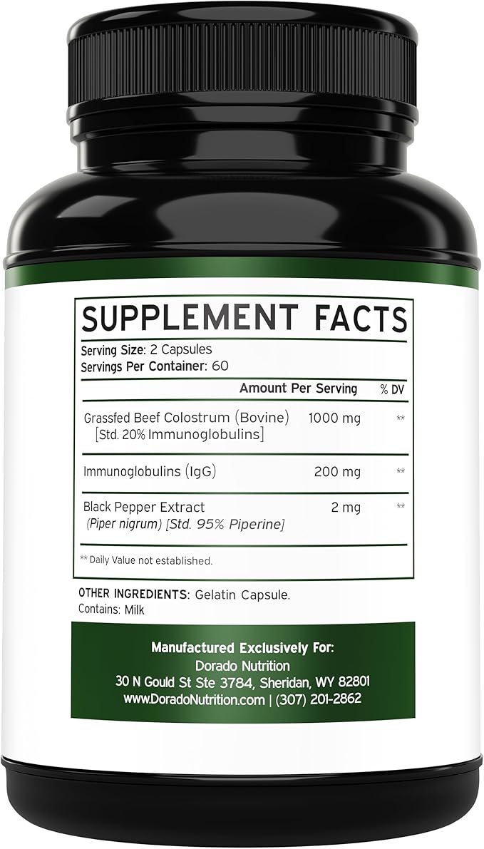 Dorado Nutrition Bovine Colostrum 1000mg – 20% IgG Grass-Fed Immune & Gut Support – No Fillers, Non-GMO, Gluten-Free – 120 Capsules – Made in USA