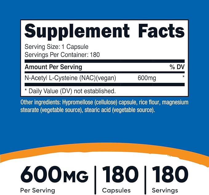 Nutricost NAC 600mg – N-Acetyl L-Cysteine Antioxidant & Detox Support – Non-GMO, Gluten-Free – 180 Veggie Capsules (Value Size)