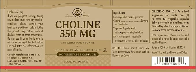 Solgar Choline 350mg – Vegan, Kosher Brain & Cellular Health Support – 100 Capsules