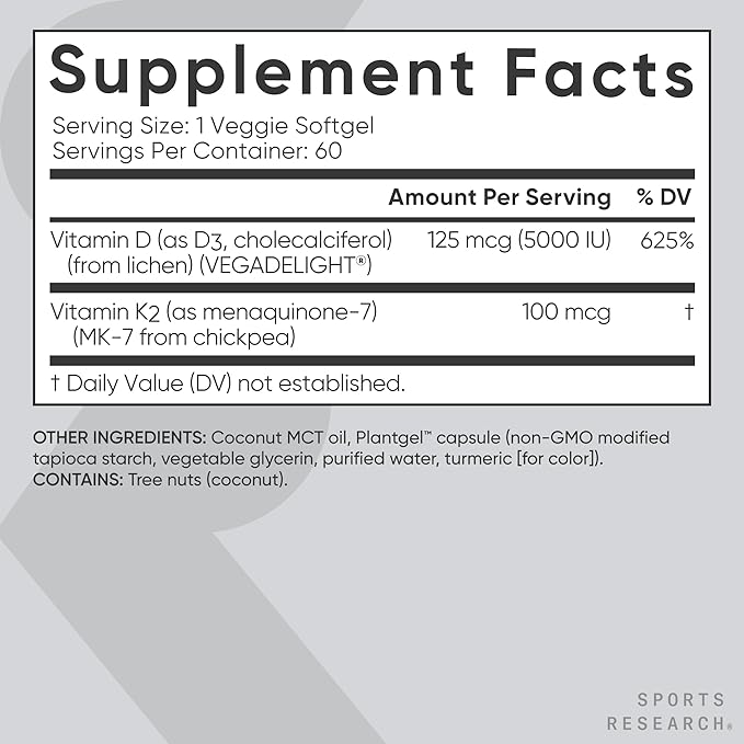 Sports Research Vitamin D3 + K2 (MK-7) – Vegan, Bone & Immune Support – Coconut Oil – 60 Softgels