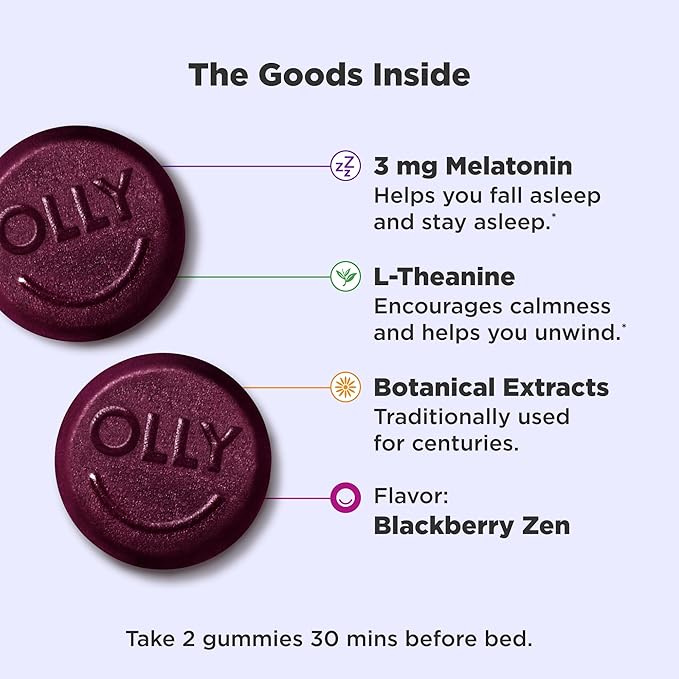 Olly Sleep Gummies – Blackberry Zen – 3mg Melatonin with L-Theanine, Chamomile & Lemon Balm – Drug-Free Sleep Aid – 90 Gummies