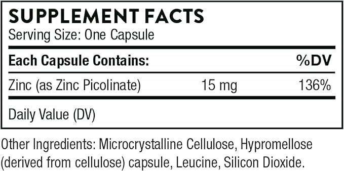 THORNE Zinc Picolinate 15mg – Highly Absorbable Immune, Skin & Eye Support – 60 Capsules